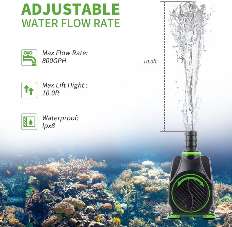 FREESEA Fountain Submersible Water Pump: 800GPH 45W Adjustable Ultra Quiet Aquarium Pump with 3 Nozzles 10ft High Lift for Small Pond | Fish tank | Waterfall | Outdoor | Hydroponics - Image 2